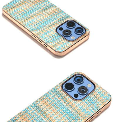 For iPhone 16 Pro Case Electroplating Edge Plaid Texture PU Leather+PC+TPU Phone Cover