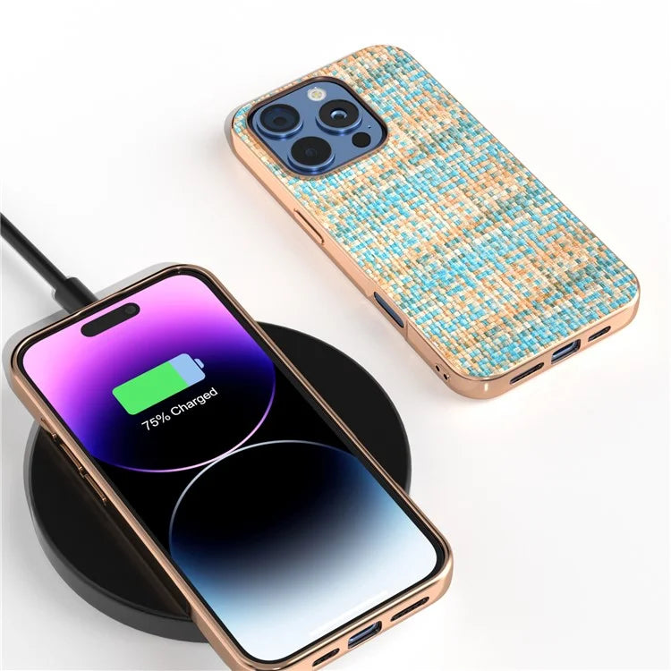 For iPhone 16 Pro Case Electroplating Edge Plaid Texture PU Leather+PC+TPU Phone Cover