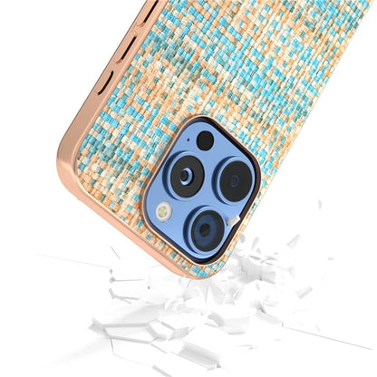 For iPhone 16 Pro Case Electroplating Edge Plaid Texture PU Leather+PC+TPU Phone Cover