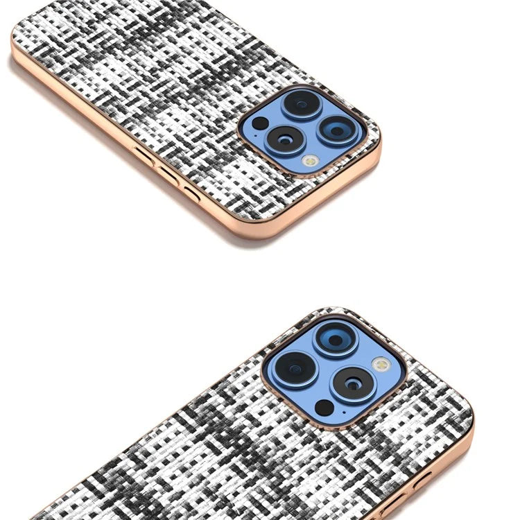 For iPhone 16 Pro Max Case Electroplating Edge Plaid Texture PU Leather+PC+TPU Phone Cover