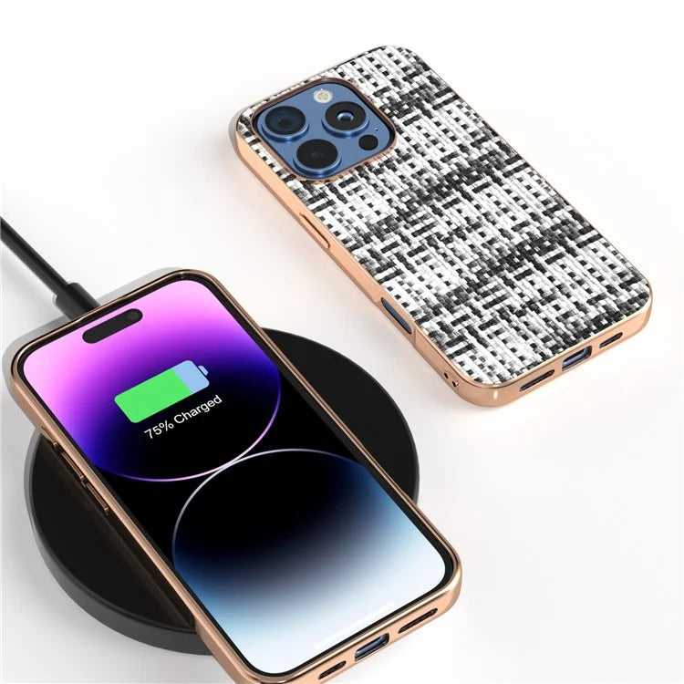 For iPhone 16 Pro Max Case Electroplating Edge Plaid Texture PU Leather+PC+TPU Phone Cover