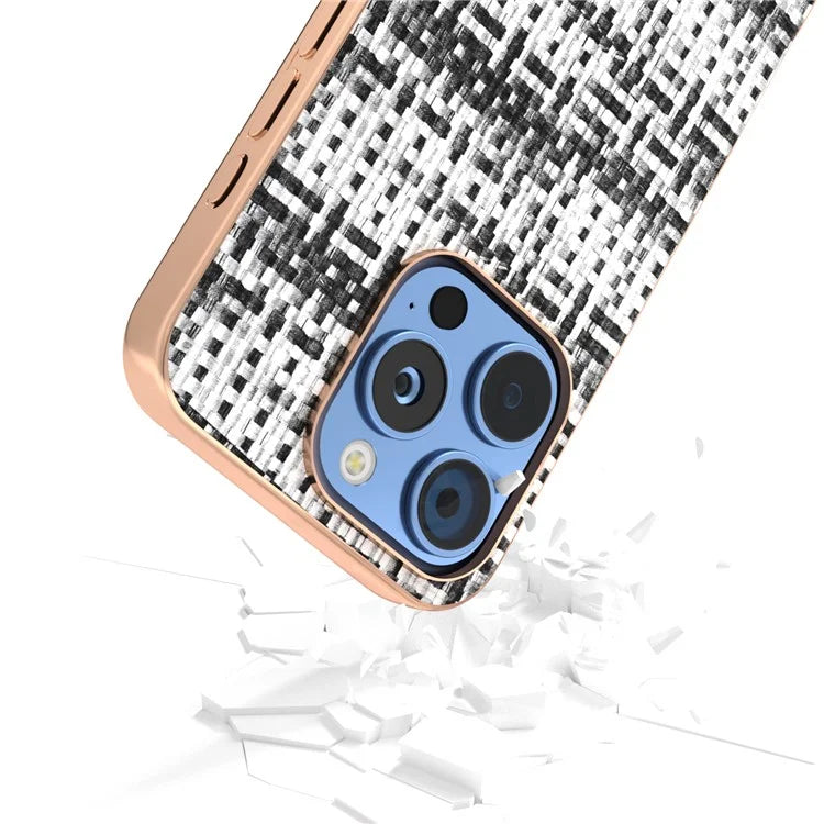 For iPhone 16 Pro Max Case Electroplating Edge Plaid Texture PU Leather+PC+TPU Phone Cover