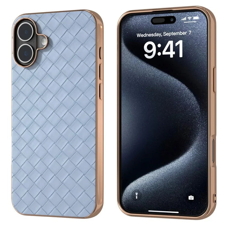 For iPhone 16 Case Woven Texture Electroplating Edge Leather Coated PC+TPU Phone Cover