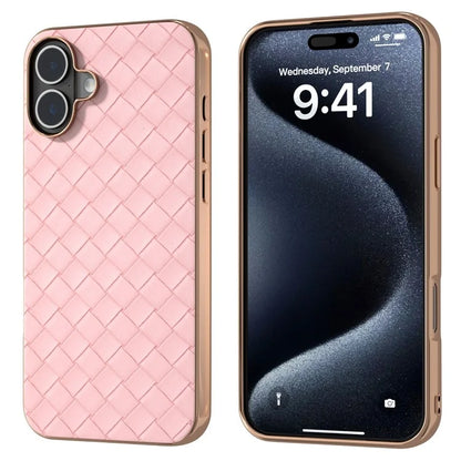 For iPhone 16 Case Woven Texture Electroplating Edge Leather Coated PC+TPU Phone Cover