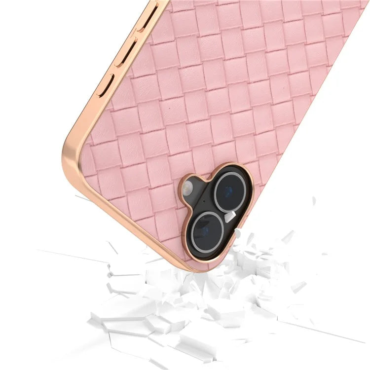 For iPhone 16 Case Woven Texture Electroplating Edge Leather Coated PC+TPU Phone Cover