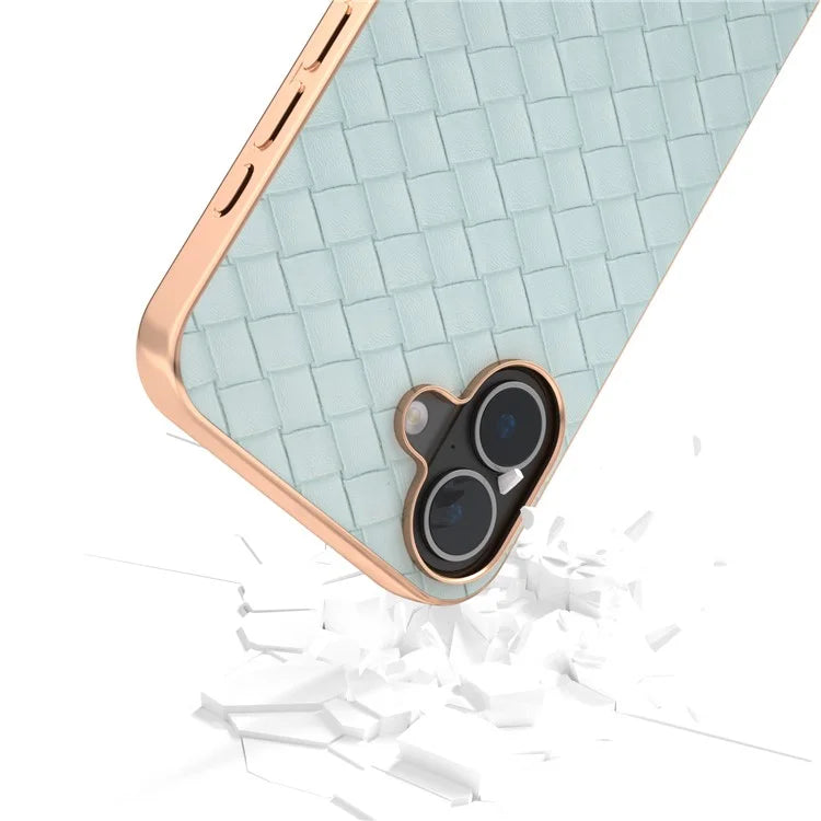 For iPhone 16 Case Woven Texture Electroplating Edge Leather Coated PC+TPU Phone Cover