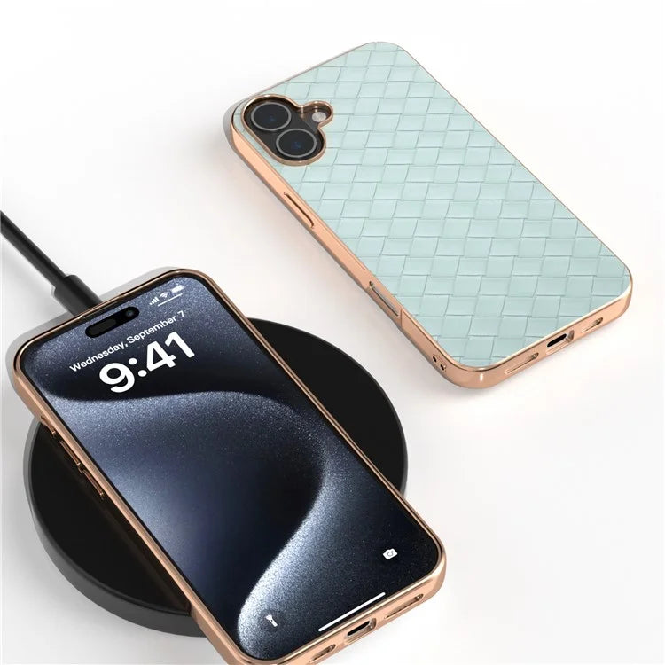 For iPhone 16 Case Woven Texture Electroplating Edge Leather Coated PC+TPU Phone Cover