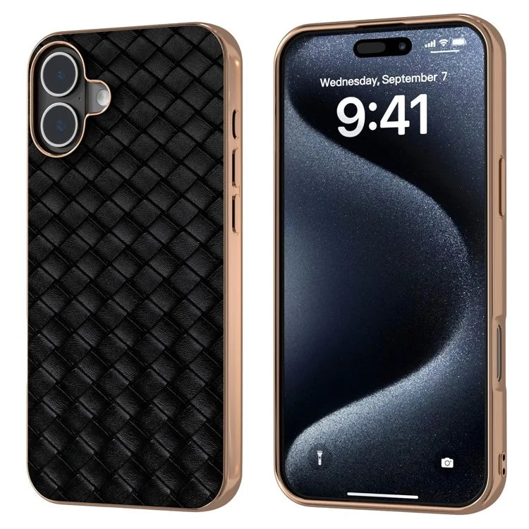 For iPhone 16 Case Woven Texture Electroplating Edge Leather Coated PC+TPU Phone Cover