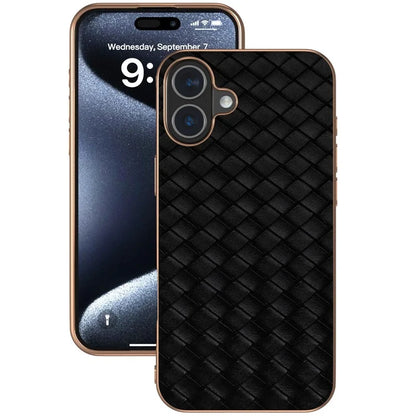 For iPhone 16 Case Woven Texture Electroplating Edge Leather Coated PC+TPU Phone Cover