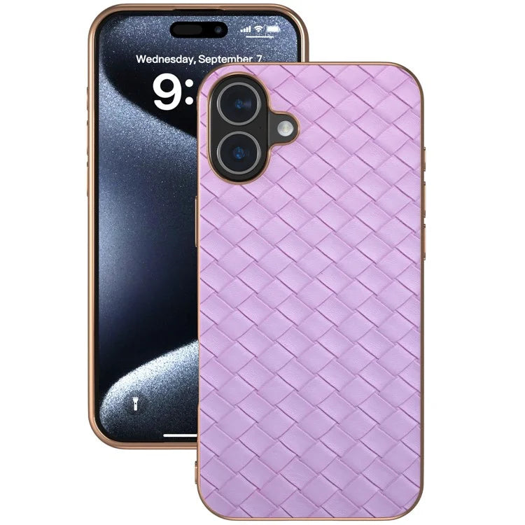 For iPhone 16 Case Woven Texture Electroplating Edge Leather Coated PC+TPU Phone Cover