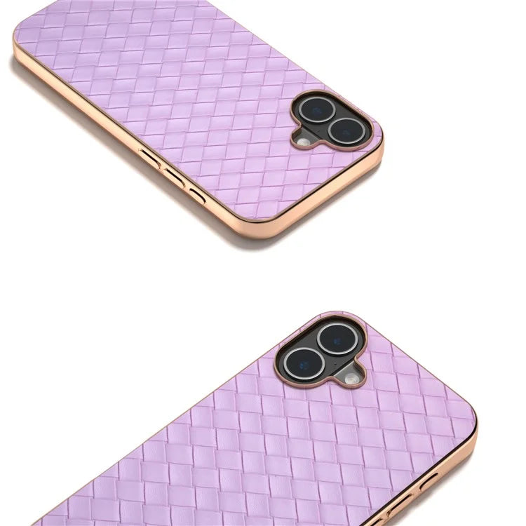 For iPhone 16 Case Woven Texture Electroplating Edge Leather Coated PC+TPU Phone Cover
