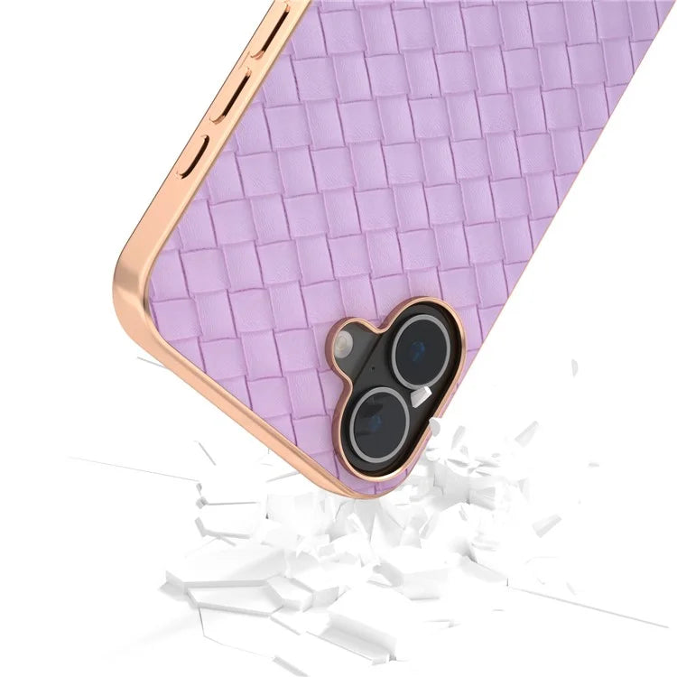 For iPhone 16 Case Woven Texture Electroplating Edge Leather Coated PC+TPU Phone Cover