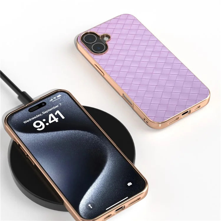 For iPhone 16 Case Woven Texture Electroplating Edge Leather Coated PC+TPU Phone Cover