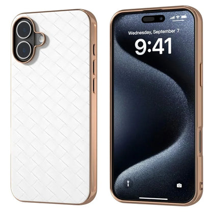 For iPhone 16 Case Woven Texture Electroplating Edge Leather Coated PC+TPU Phone Cover