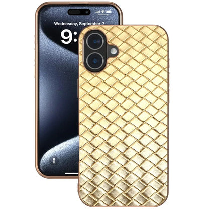 For iPhone 16 Case Woven Texture Electroplating Edge Leather Coated PC+TPU Phone Cover