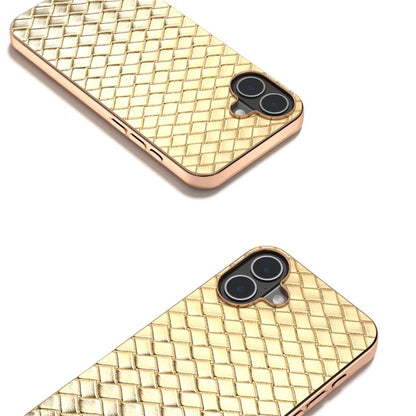 For iPhone 16 Case Woven Texture Electroplating Edge Leather Coated PC+TPU Phone Cover