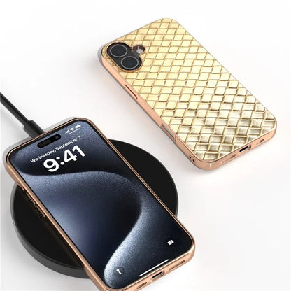 For iPhone 16 Case Woven Texture Electroplating Edge Leather Coated PC+TPU Phone Cover