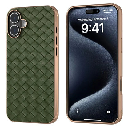 For iPhone 16 Case Woven Texture Electroplating Edge Leather Coated PC+TPU Phone Cover