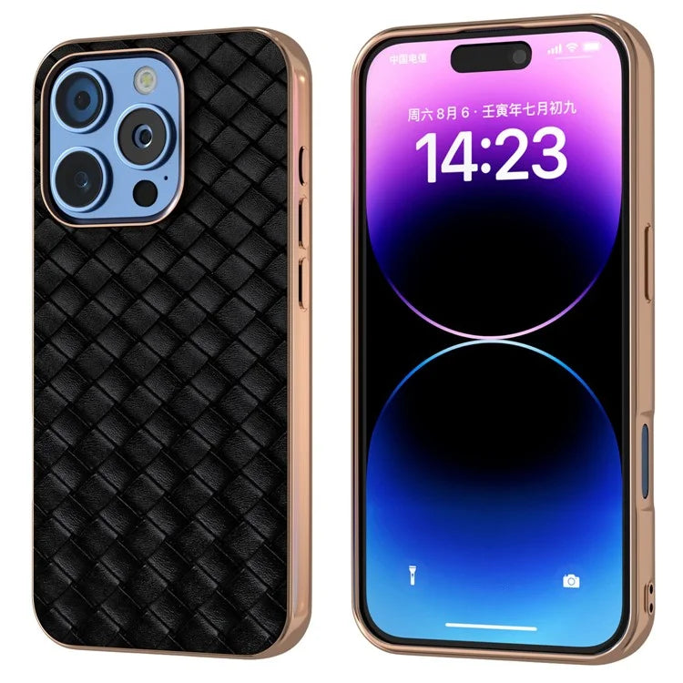 For iPhone 16 Pro Case Woven Texture Electroplating Edge Leather Coated PC+TPU Phone Cover