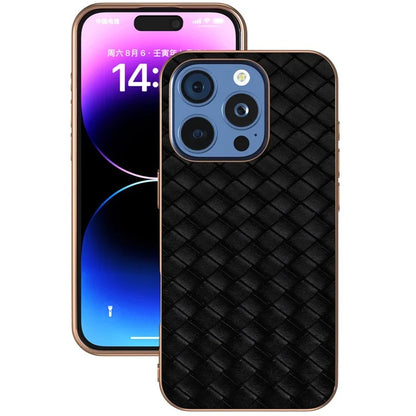 For iPhone 16 Pro Case Woven Texture Electroplating Edge Leather Coated PC+TPU Phone Cover