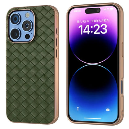 For iPhone 16 Pro Case Woven Texture Electroplating Edge Leather Coated PC+TPU Phone Cover