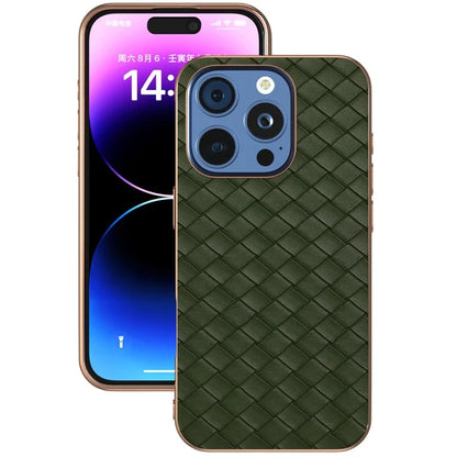 For iPhone 16 Pro Case Woven Texture Electroplating Edge Leather Coated PC+TPU Phone Cover