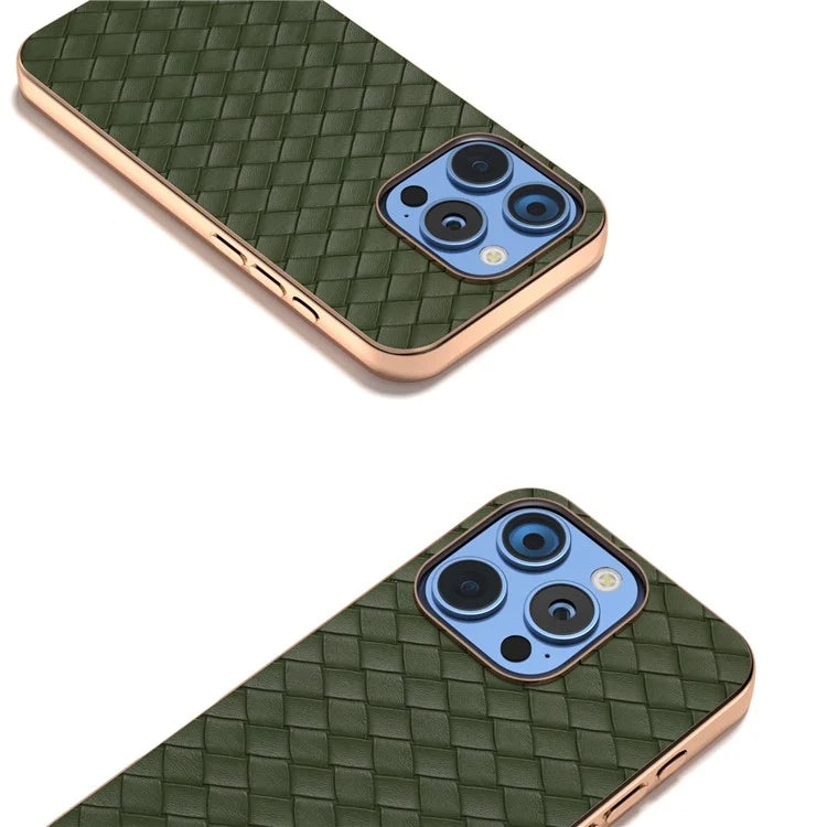 For iPhone 16 Pro Case Woven Texture Electroplating Edge Leather Coated PC+TPU Phone Cover