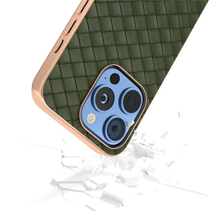 For iPhone 16 Pro Case Woven Texture Electroplating Edge Leather Coated PC+TPU Phone Cover