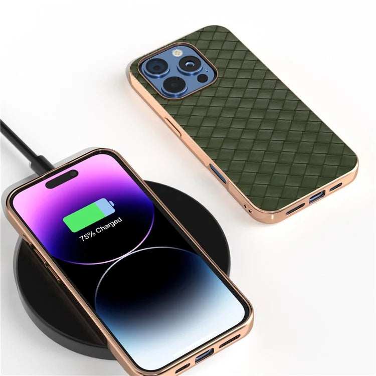 For iPhone 16 Pro Case Woven Texture Electroplating Edge Leather Coated PC+TPU Phone Cover