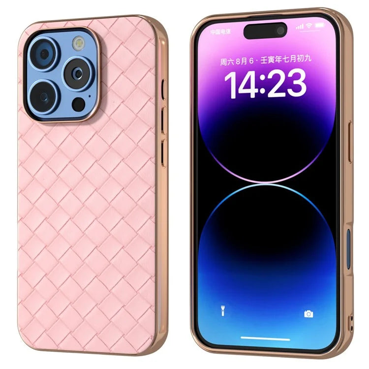 For iPhone 16 Pro Case Woven Texture Electroplating Edge Leather Coated PC+TPU Phone Cover