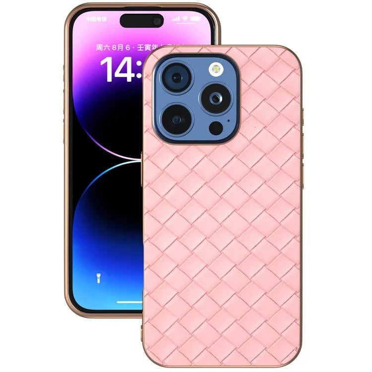 For iPhone 16 Pro Case Woven Texture Electroplating Edge Leather Coated PC+TPU Phone Cover