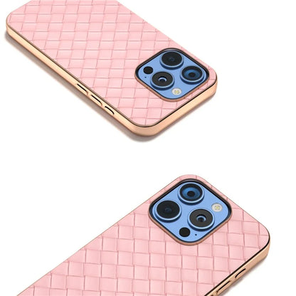 For iPhone 16 Pro Case Woven Texture Electroplating Edge Leather Coated PC+TPU Phone Cover