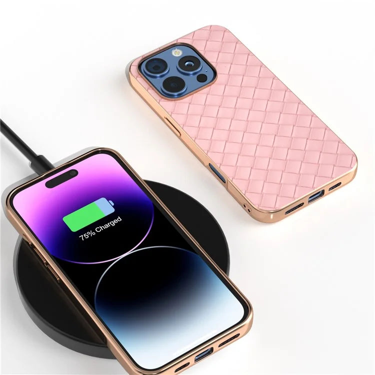 For iPhone 16 Pro Case Woven Texture Electroplating Edge Leather Coated PC+TPU Phone Cover