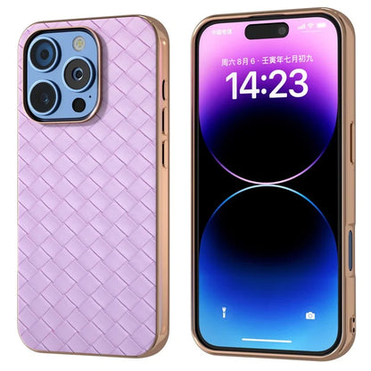 For iPhone 16 Pro Case Woven Texture Electroplating Edge Leather Coated PC+TPU Phone Cover
