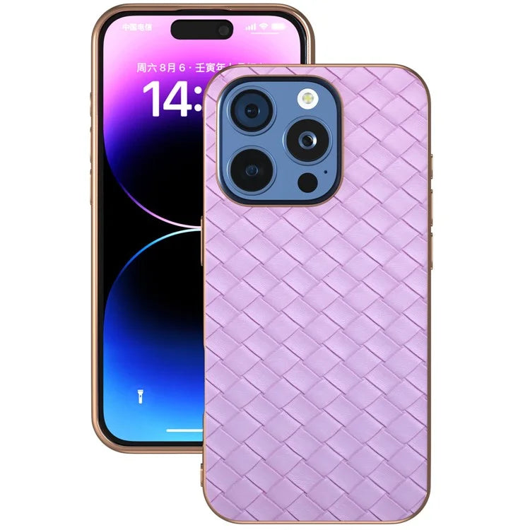 For iPhone 16 Pro Case Woven Texture Electroplating Edge Leather Coated PC+TPU Phone Cover