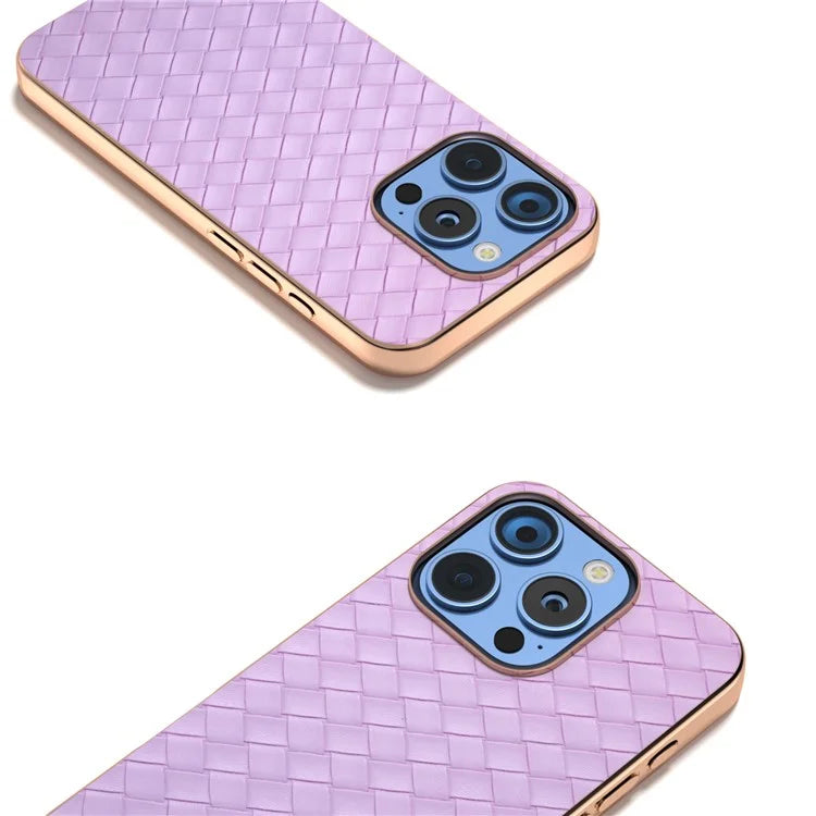 For iPhone 16 Pro Case Woven Texture Electroplating Edge Leather Coated PC+TPU Phone Cover