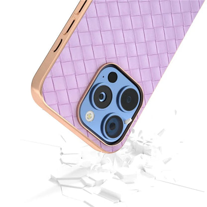 For iPhone 16 Pro Case Woven Texture Electroplating Edge Leather Coated PC+TPU Phone Cover