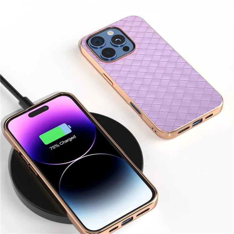 For iPhone 16 Pro Case Woven Texture Electroplating Edge Leather Coated PC+TPU Phone Cover