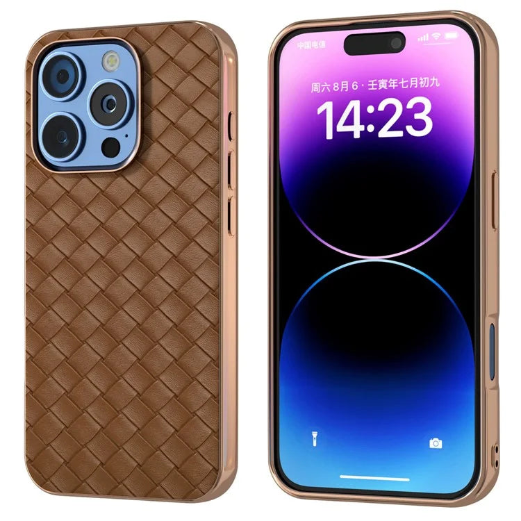 For iPhone 16 Pro Case Woven Texture Electroplating Edge Leather Coated PC+TPU Phone Cover