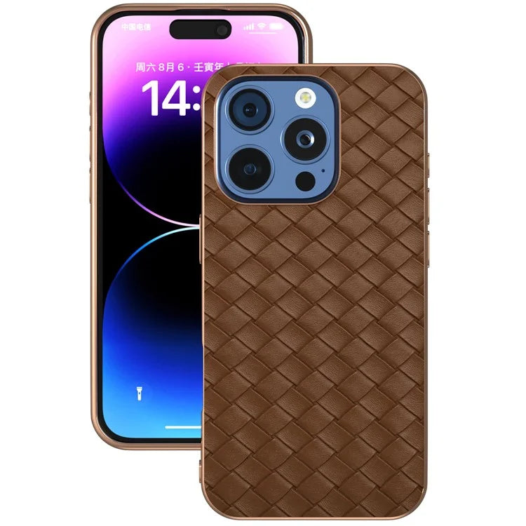 For iPhone 16 Pro Case Woven Texture Electroplating Edge Leather Coated PC+TPU Phone Cover