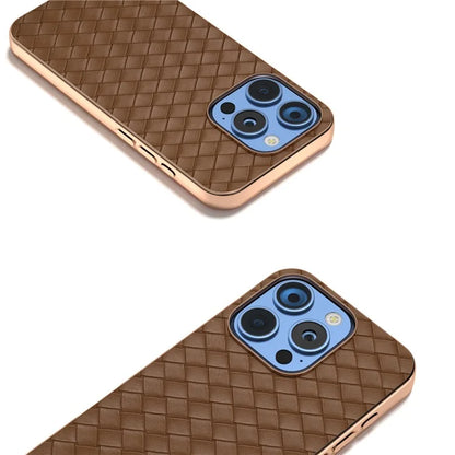 For iPhone 16 Pro Case Woven Texture Electroplating Edge Leather Coated PC+TPU Phone Cover