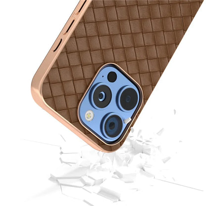 For iPhone 16 Pro Case Woven Texture Electroplating Edge Leather Coated PC+TPU Phone Cover