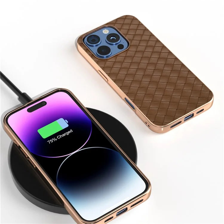 For iPhone 16 Pro Case Woven Texture Electroplating Edge Leather Coated PC+TPU Phone Cover