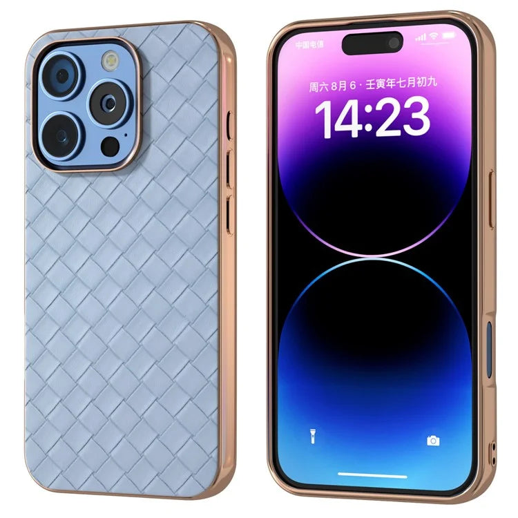 For iPhone 16 Pro Case Woven Texture Electroplating Edge Leather Coated PC+TPU Phone Cover