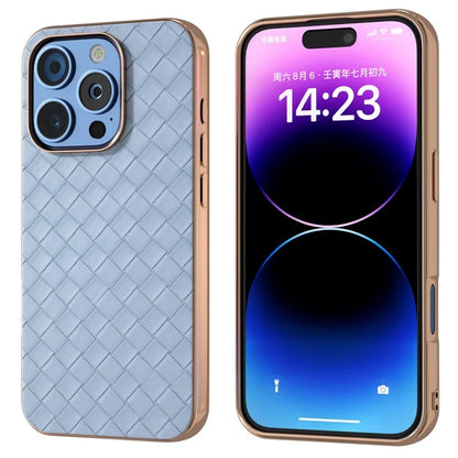 For iPhone 16 Pro Case Woven Texture Electroplating Edge Leather Coated PC+TPU Phone Cover
