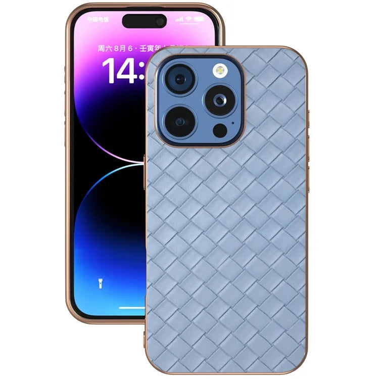 For iPhone 16 Pro Case Woven Texture Electroplating Edge Leather Coated PC+TPU Phone Cover
