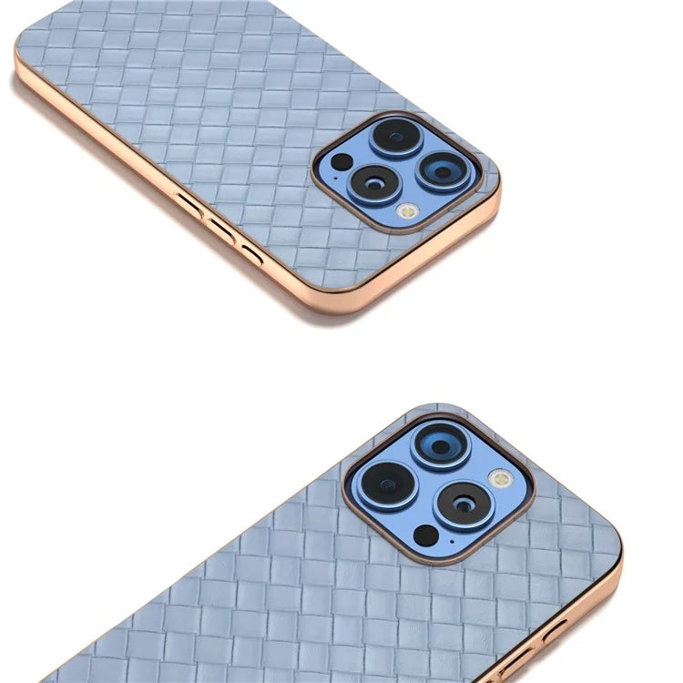 For iPhone 16 Pro Case Woven Texture Electroplating Edge Leather Coated PC+TPU Phone Cover