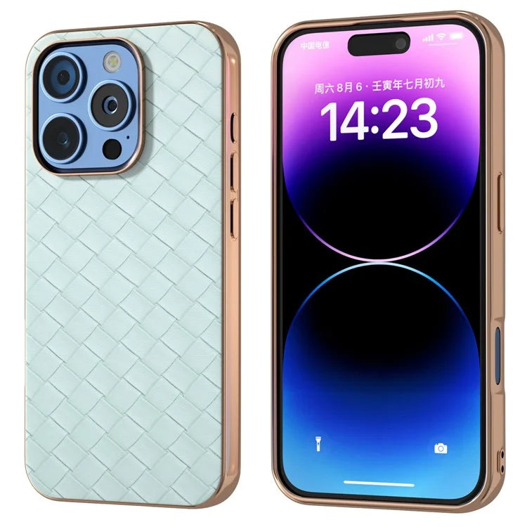 For iPhone 16 Pro Case Woven Texture Electroplating Edge Leather Coated PC+TPU Phone Cover