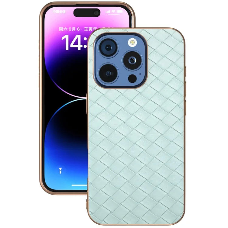 For iPhone 16 Pro Case Woven Texture Electroplating Edge Leather Coated PC+TPU Phone Cover
