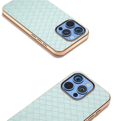 For iPhone 16 Pro Case Woven Texture Electroplating Edge Leather Coated PC+TPU Phone Cover